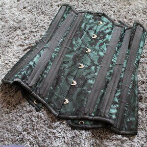 What Katie Did Morticia green satin black lace steel bone underbust corset 20"